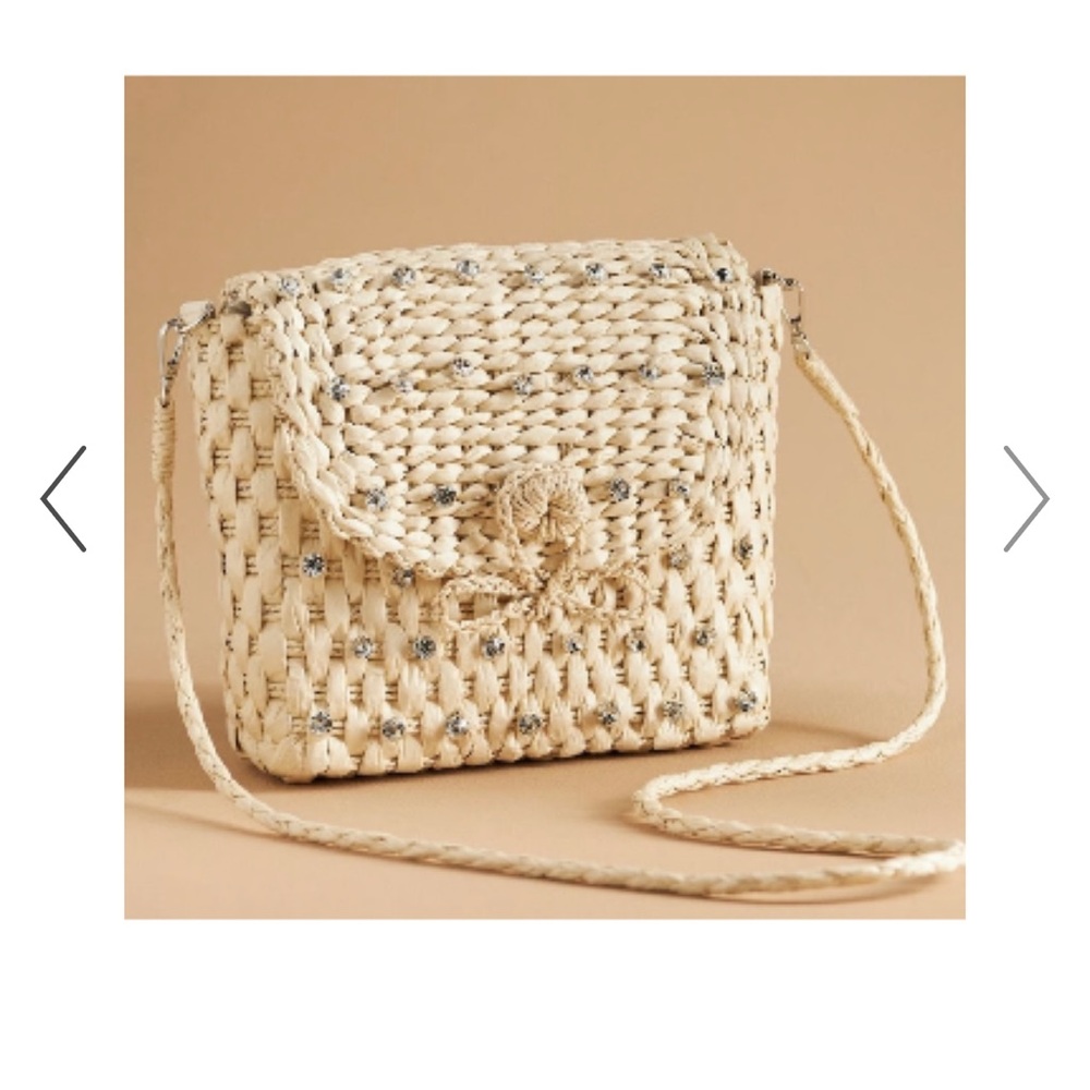Anthropologie Cream Woven Crossbody with Floral Stitching